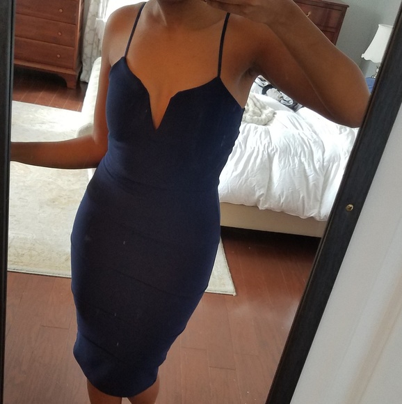 👄Navy Blue V neck Bodycon Midi Dress - Picture 3 of 5